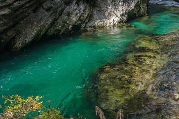Nature autumn landscape. Waterfall at Soteska Vintgar Slovenia. The Vintgar Gorge or Bled Gorge.