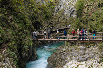 Nature autumn landscape. Waterfall at Soteska Vintgar Slovenia. The Vintgar Gorge or Bled Gorge.