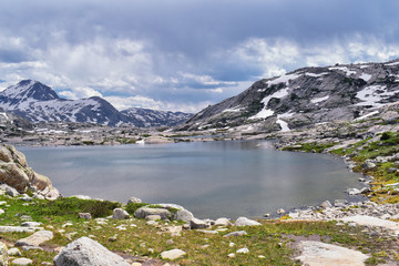 Upper and Lower Jean Lake in the Titcomb Basin along the Wind River Range, Rocky Mountains, Wyoming, views from backpacking hiking trail to Titcomb Basin from Elkhart Park Trailhead going past Hobbs, 