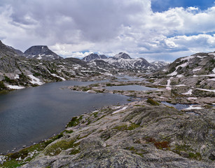 Naklejka na ściany i meble Upper and Lower Jean Lake in the Titcomb Basin along the Wind River Range, Rocky Mountains, Wyoming, views from backpacking hiking trail to Titcomb Basin from Elkhart Park Trailhead going past Hobbs, 
