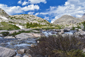 Upper and Lower Jean Lake in the Titcomb Basin along the Wind River Range, Rocky Mountains, Wyoming, views from backpacking hiking trail to Titcomb Basin from Elkhart Park Trailhead going past Hobbs, 