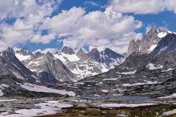 Fototapeta na wymiar Upper and Lower Jean Lake in the Titcomb Basin along the Wind River Range, Rocky Mountains, Wyoming, views from backpacking hiking trail to Titcomb Basin from Elkhart Park Trailhead going past Hobbs, 