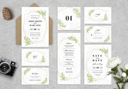 Wedding Stationery Layout with Leaves and Geometric Shapes