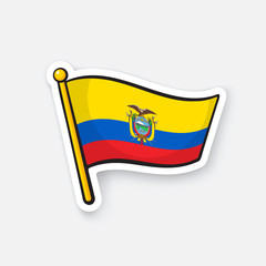 Sticker national flag of Ecuador with coat of arms on flagstaff