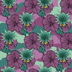 Tropic flowers on the camouflage background. Vector seamless pattern. Camo flower tropical illustration. For your web design,clothes, repeat print, clothing.