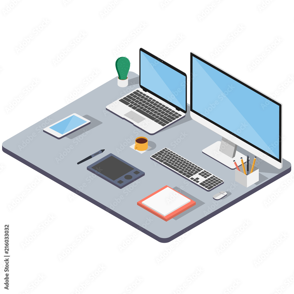 Aufkleber workplace in office. web designer and development. isometric image of laptop and computer, phone and