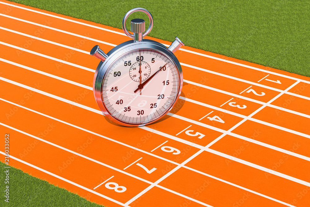 Poster silver stopwatch, chronometer on the running track. 3d rendering