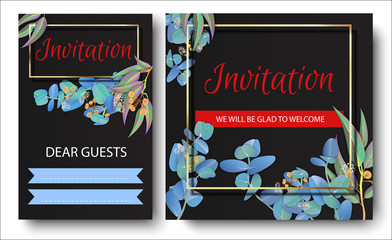 Black invitation templates with beautiful eucalyptus pattern.