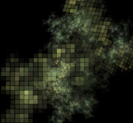Camouflage pixel fractal on a black background.
