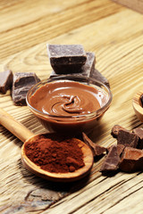 Melting chocolate  or melted chocolate with a chocolate swirl. Many stack and chips with powder.
