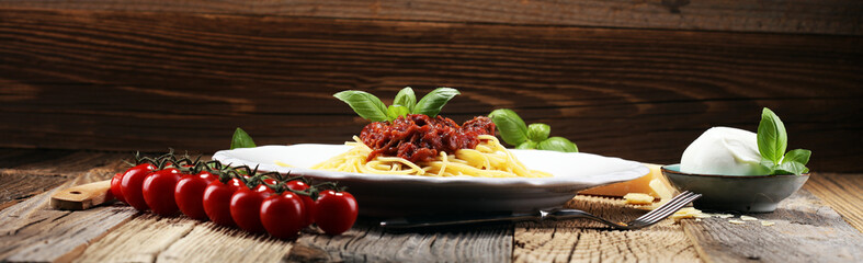 Plate of delicious spaghetti Bolognaise or Bolognese with savory minced beef