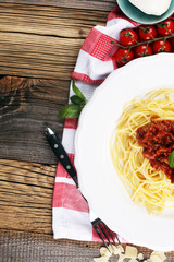 Plate of delicious spaghetti Bolognaise or Bolognese with savory minced beef