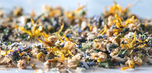 Close up of mixed medicinal herbs and blooms
