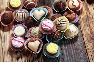 a lot of variety chocolate pralines, belgian confectionery gourmet chocolate.