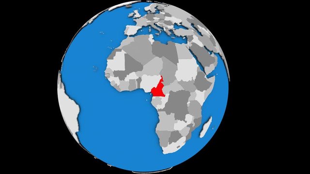 Zooming on Cameroon on slowly rotating political globe. 3D animation.