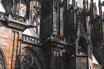 Naklejka premium Old sovietic golden windows metal building architectural style , Prague. Cathedral of St. Vitus – The greatest Baroque church in Czech republic. Colour filtered.