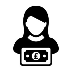British Pound sign icon vector female user person profile avatar with currency symbol for banking and finance business in flat color glyph pictogram illustration