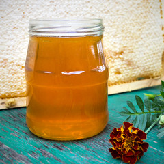 Large bee honeycomb and a jar with honey on a vintage table in front of nature.