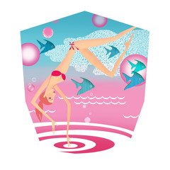 Zodiac sports lady. Pisces. A trap diving into the water. In the form of a heraldic shield.