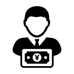Cash icon vector male user person profile avatar with Yen sign currency money symbol for banking and finance business in flat color glyph pictogram illustration