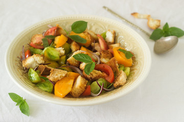 Salad of tomatoes and bread panzanella in a round plate on a light background. Rustic style.