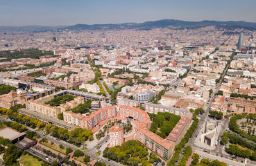 Aerial view of Barcelona cityscape with a modern apartment buildings