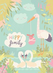 Naklejka premium Cartoon swans in love and stork with baby