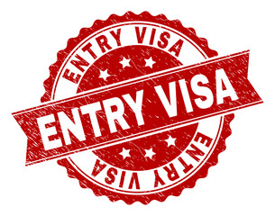ENTRY VISA seal watermark with corroded texture. Rubber seal imitation has circle medal shape and contains ribbon. Red vector rubber print of ENTRY VISA caption with corroded texture.