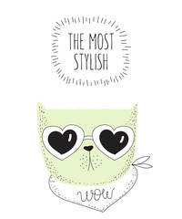 Vector postcard with line drawing hipster cat and cool slogan