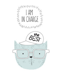 Vector postcard with line drawing hipster cat and cool slogan
