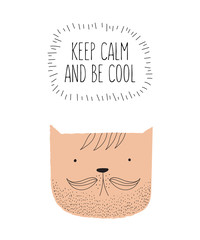Vector postcard with line drawing hipster cat and cool slogan