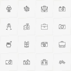 Birthday line icon set with fireworks, ice bucket and photo camera