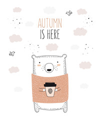 Vector line drawing bear in sweater with slogan about autumn
