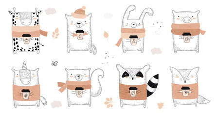 Vector collection of line drawing autumn animals in sweater and scarf. Set of doodle illustrations