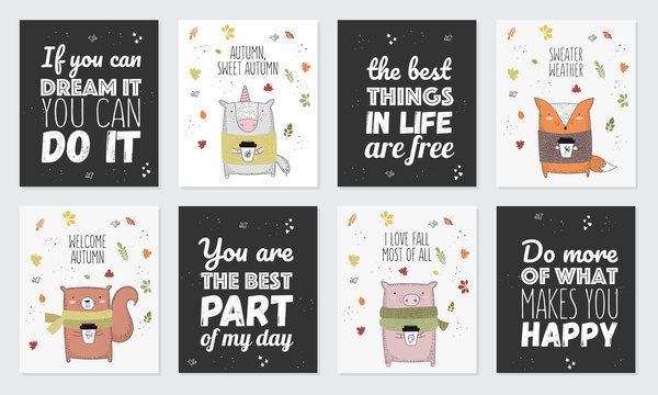 Vector collection of postcards with line drawing animal in sweater and slogan about autumn