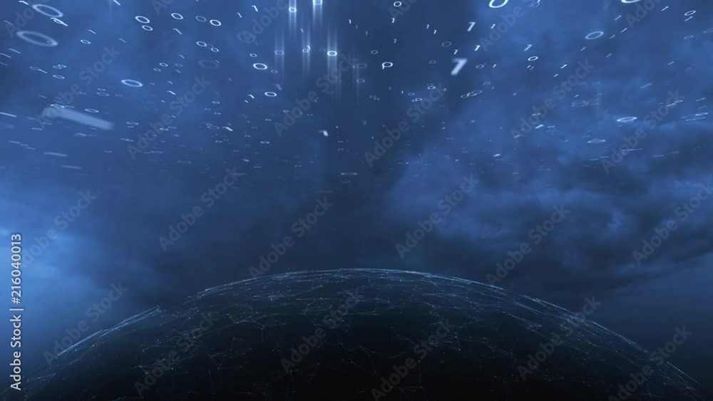 Poster cyberspace network sphere with dark blue cloudy sky time-lapse and flying random numbers.