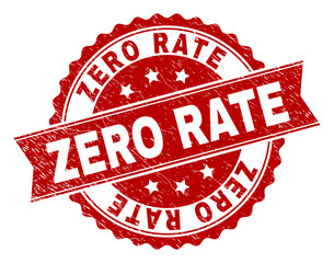 ZERO RATE seal print with corroded style. Rubber seal imitation has circle medal form and contains ribbon. Red vector rubber print of ZERO RATE text with corroded texture.