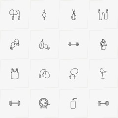 Boxing line icon set with boxing drink bottle, jumping rope and boxing gong