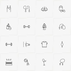 Boxing line icon set with punching bag, jumping rope and barbell weights