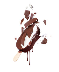 Fototapeta na wymiar Chocolate ice cream broken into pieces, isolated on a white background