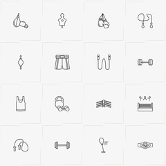 Boxing line icon set with barbell weights, boxing and barbell