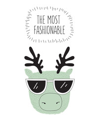 Vector postcard with line drawing hipster deer with cool slogan