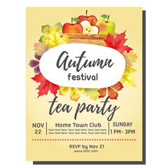 tea party autumn invitation card with basket of apple