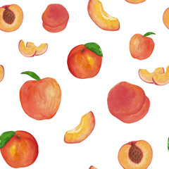 Watercolor pattern with peaches on the white background, watercolour