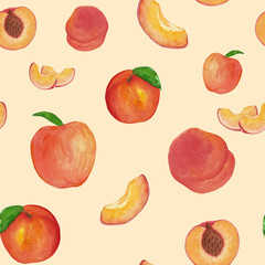 Watercolor pattern with peaches on the apricot background, watercolour