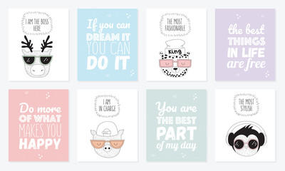Vector collection of postcards with line drawing hipster animals with cool slogan