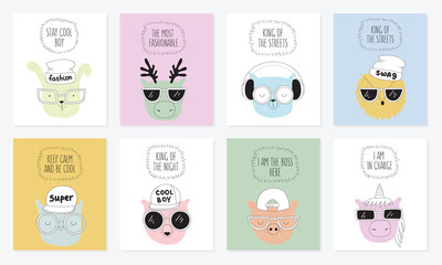 Vector collection of postcards with line drawing hipster animals with cool slogan