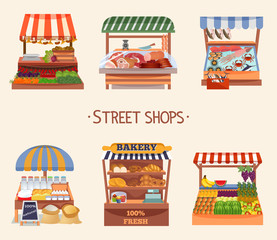 Set of vector flat design street shops. Fresh food on counters. Local farmers market. Vector illustration