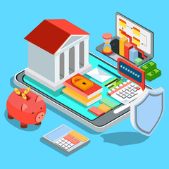 Flat isometric mobile banking concept. Credit and Loans online office.
