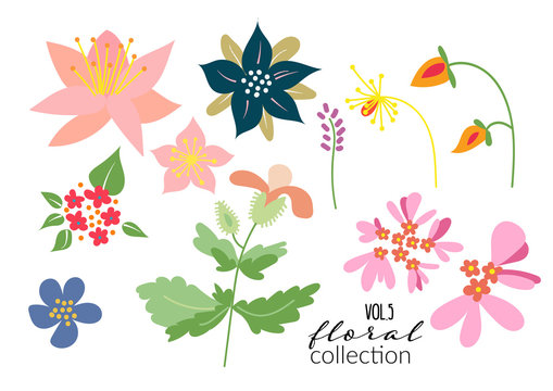 wild flower meadow illustration.vector floral elements. romantic hand drawn flowers and leaves collection.